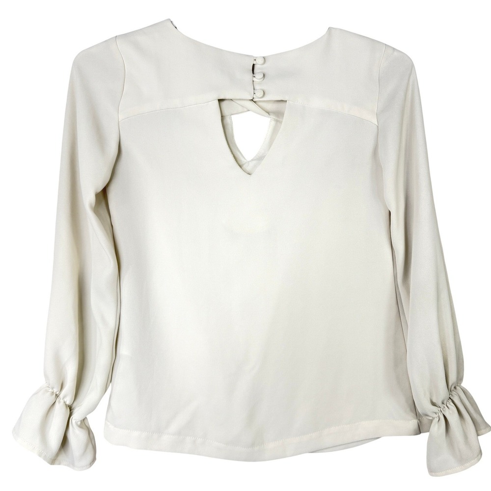 Trina Turk Akayo Keyhole Blouse Long Sleeve Ruffle Cuff Cream Feminine Top XS - Picture 8 of 12